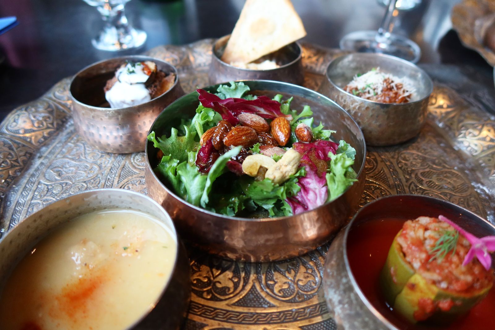 Traditional Japanese dishes served in copper bowls