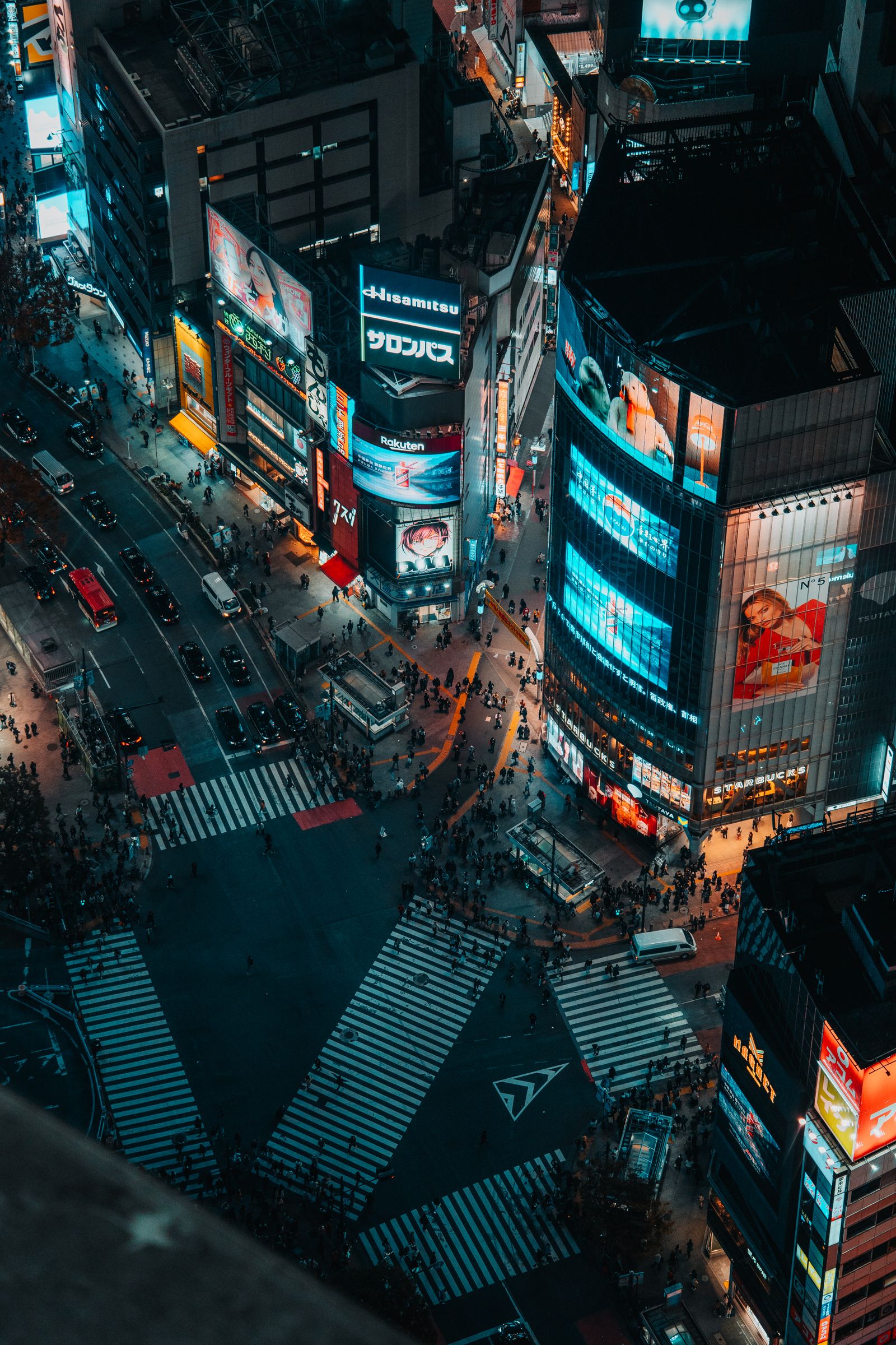 Aerial view of Shibuya Crossing at night
