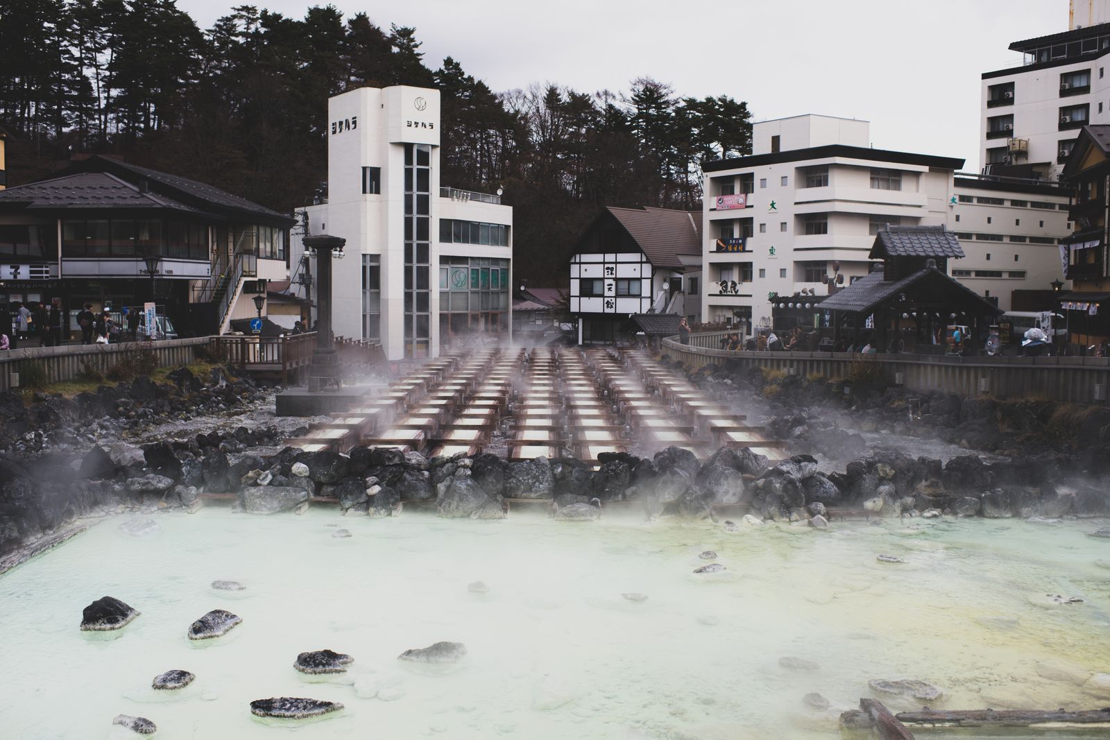 Steam rising over Kusatsu hot spring town